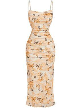 Women Yellow Polyester Elastane Butterfly Print Ruched Backless Cami Maxi Dress